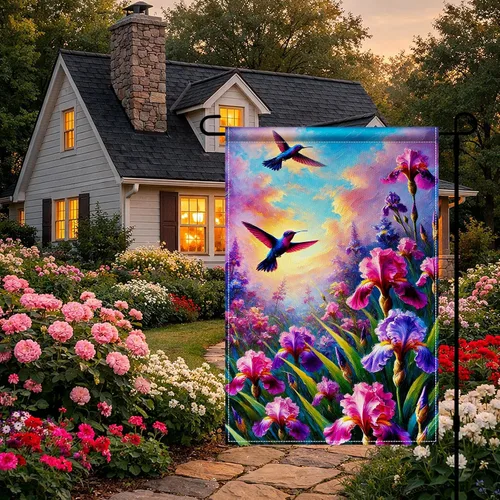 Miniatura 8 de BlissYard Bandera de jardín de primavera de 12 x 18 pulgadas, doble cara de colibrí, iris, pintura floral, patio, al aire libre, colorido