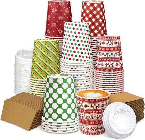 Zhehao 90 piezas/30 juegos de tazas de café de papel navideñas con tapas y fundas, tazas de papel desechables para cacao caliente y fiestas,