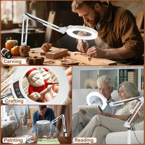 Miniatura 7 de LANCOSC 10X Lupa con luz y soporte, lámpara de pie oscilante ajustable 3-en-1, 5 modos de color, atenuación sin escalones, lupa manos libres con luz