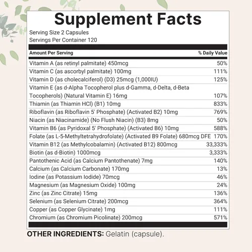Miniatura 2 de Micro Ingredients Multivitamínico metilado puro, 240 cápsulas Fórmula 19 en 1 con vitaminas C, D, B12, folato, magnesio, zinc y más Apoya