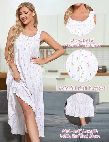 Miniatura 4 de MZROCR Camisones de algodón para mujer, suave, sin mangas, para adultos, ropa de dormir con volantes