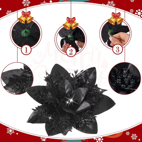 Miniatura 3 de 36 piezas de flores de Pascua artificiales con purpurina de Poinsettia para Navidad, flores de Poinsettia artificiales para bodas, decoraciones