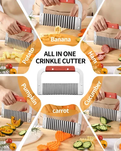 Miniatura 6 de Cortador Ondulado de Acero Inoxidable Rebanador de Papas Resistente Herramientas de Corte Ondulado con Mango de Madera para Zanahorias y Verduras