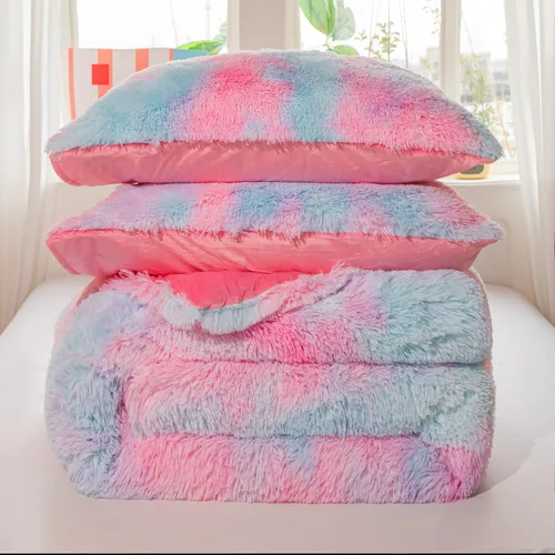 Miniatura 9 de Juego de edredón de piel sintética para niños y niñas, color morado y arcoíris, tamaño individual/matrimonial, juego de cama de 3 piezas, cálido