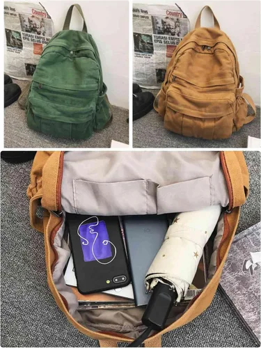 Miniatura 7 de Mochila de lona para mujer, mochila estética retro, mochila básica para estudiantes de secundaria/universidad, bolsa de viaje para laptop, Negro