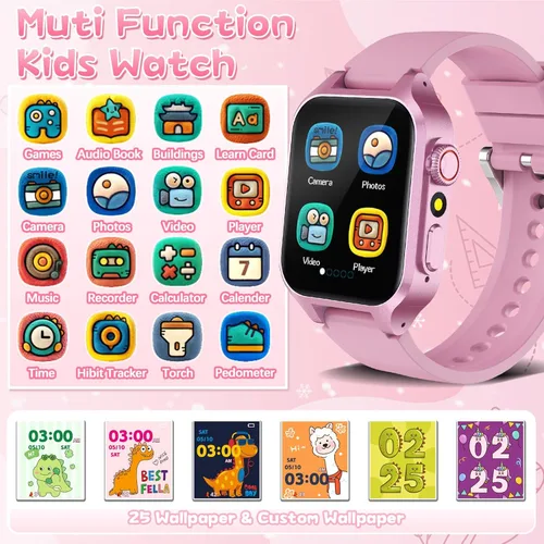 Miniatura 2 de Reloj inteligente de juegos para niños con 32 juegos, cámara telescópica, podómetro, alarma, video, música, audiolibro, tarjeta de aprendizaje, Rosa