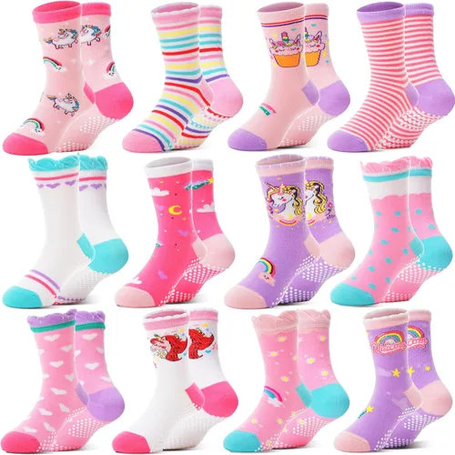 Miniatura 7 de Welwoos Calcetines de algodón transpirable para bebés y niñas pequeñas, 12 pares de calcetines antideslizantes antideslizantes de animales