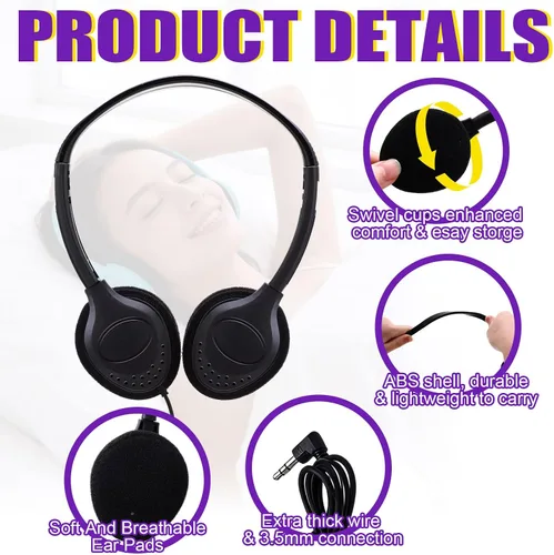 Miniatura 3 de Yunsailing Paquete de 10 auriculares con cable sobre la oreja a granel para estudiantes de aula escolar, diadema ajustable con conector de 0.138 in