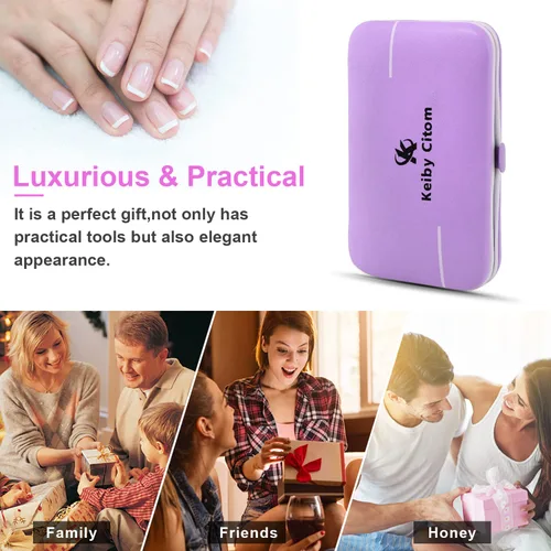 Miniatura 8 de Juego de manicura, mini cortaúñas de viaje, herramientas de cuidado de pedicura, 10 piezas de acero inoxidable (violeta)
