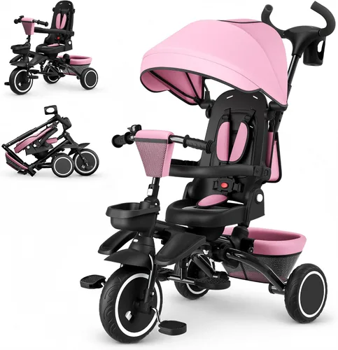 Miniatura 12 de Triciclo 8 en 1 para niños, cochecito de triciclo plegable con asiento reversible, varilla de empuje ajustable y toldo, bicicleta triciclo