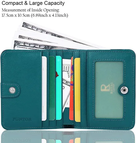 Miniatura 2 de Funtor Cartera de cuero para mujer, pequeña y compacta, con bolsillo doble, bloqueo RFID, para mujer