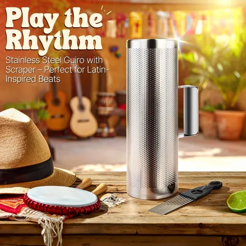 Miniatura 2 de Flexzion Güiro de Metal con Raspador Shack de 4" x 12" - Merengue Guira Dominicana - Instrumento Musical de Percusión de Mano de Cilindro Redondo