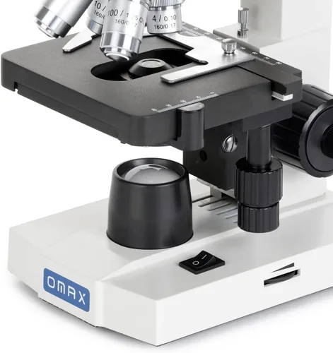 Miniatura 2 de Microscopio compuesto binocular LED lab 40X-2000X Omax con doble capa, etapa mecánica y coaxial fino/grueso, perilla de enfoque