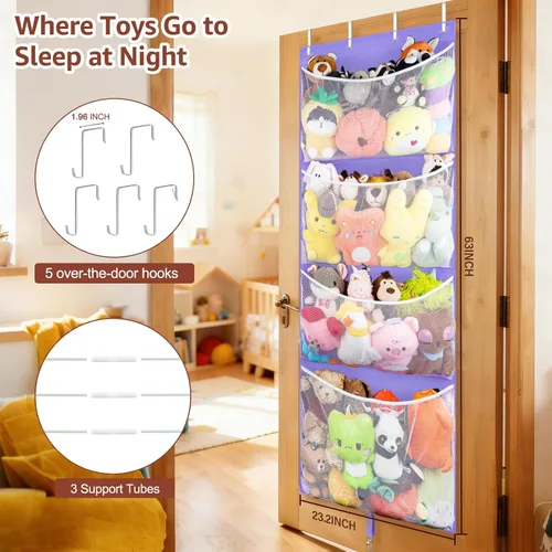 Miniatura 2 de Woodoulogy Almacenamiento de animales de peluche colgantes, organizador grande de juguetes de felpa con gancho de metal, soporte para accesorios