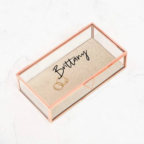 Miniatura 2 de WEDDINGSTAR Organizador de joyero de cristal rectangular grande personalizado Bordes de oro rosa - Fuente de guión