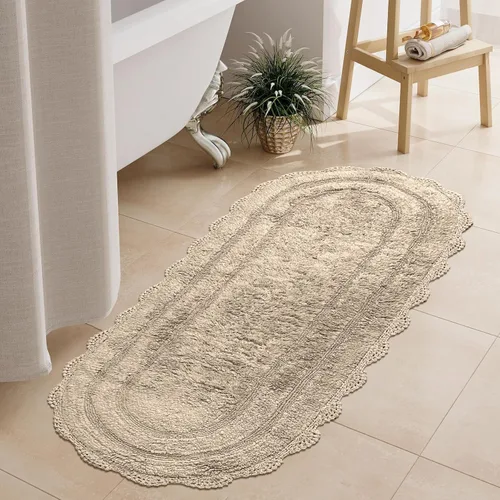 Miniatura 66 de Chardin home Alfombra de baño de ganchillo beige, alfombra de baño ovalada 100% algodón con borde de ganchillo artesanal hecho a mano, alfombra