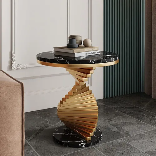 Miniatura 2 de QQXX Mesa auxiliar moderna de mármol, mesa auxiliar redonda de mármol con base de metal dorado, mesa auxiliar de mármol para sala de estar, Negro