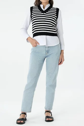 Miniatura 4 de Chaleco de suéter para mujer, a rayas, con cuello en V, sin mangas, recortado, estilo preppy, chaleco de punto