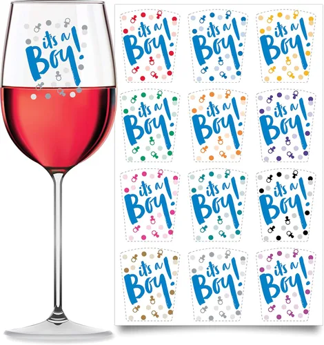 Wine Wear Marcadores de bebidas, 12 unidades, calcomanías adhesivas reutilizables para revelación de género para baby shower (bebé niño)