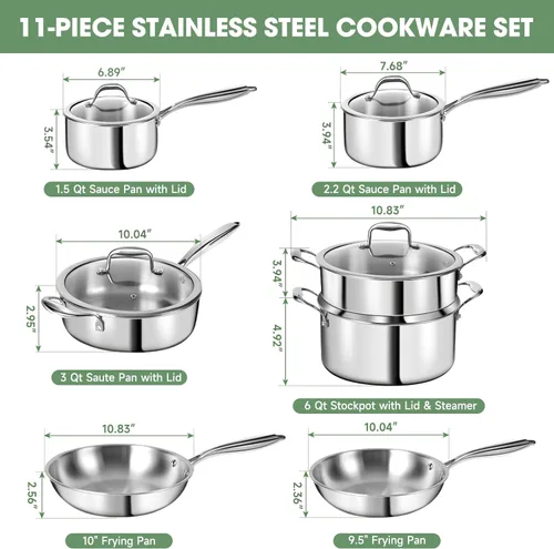 Miniatura 2 de Juego de utensilios de cocina de acero inoxidable de 3 capas de 11 piezas con tapas, ollas y sartenes, no tóxico, inducción, horno, apto
