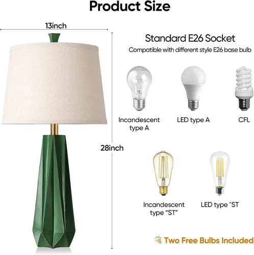 Miniatura 5 de WIHTU 3 Color Temperature Table Lamps Set of 2, Green Modern Table Lamp for Living Room, 27'' Beside Lamp with Linen Shade, Resin Desk Lamp for