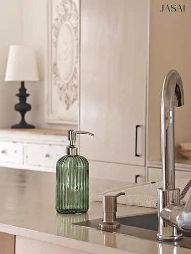 Miniatura 3 de JASAI Dispensador de jabón verde de 18 onzas con bomba a prueba de óxido, dispensador de jabón de baño recargable con vidrio grueso, dispensador