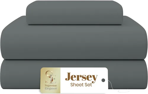 SUPREME ELEGANCE Juego de sábanas súper suaves Twin, 3 piezas de jersey de punto gris oscuro, juego de sábanas resistente a las arrugas durante toda