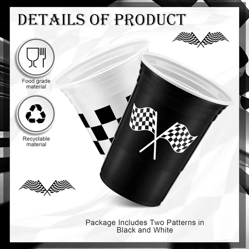 Miniatura 2 de Norme 48 vasos de plástico a cuadros para fiestas de carreras a granel de 16 onzas, desechables con bandera a cuadros, tazas gruesas de color blanco