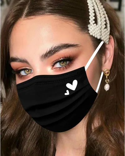 Miniatura 2 de 50 máscaras faciales desechables, bonitas máscaras rosas y negras con corazones impresos, protección facial completa de 3 capas para mujeres