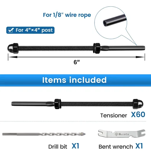 Miniatura 41 de Muzata Paquete de 10 accesorios de barandilla de cable negro de 1/8 pulgadas, tensor roscado a mano para poste de metal de 2 x 2 pulgadas, sistema