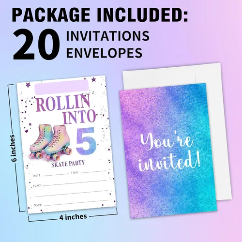 Miniatura 2 de 5ª invitaciones de cumpleaños para fiestas de patinaje sobre ruedas para niñas y niños, tarjetas de invitación de patines rosas con sobres, 20