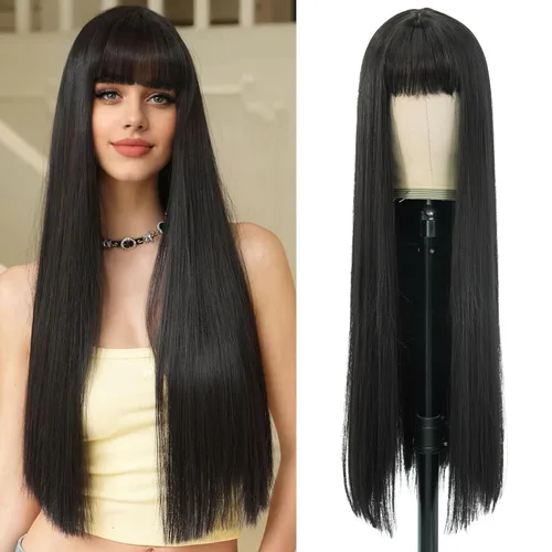 Miniatura 17 de 7JHH WIGS - Peluca de cabello sintético largo y liso con flequillo para mujer, aspecto natural (22 pulgadas, té negro)
