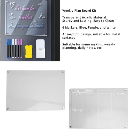 Miniatura 9 de Calendario semanal para refrigerador, pizarra de borrado en seco de acrílico transparente con 6 marcadores para el hogar, cocina, organización