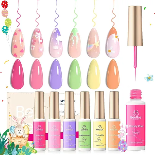 Miniatura 9 de Beetles - Juego de 6 esmaltes de uñas de gel pastel, línea francesa, espiral, rosa, amarillo, verde, morado, naranja, espiral, pincel para arte