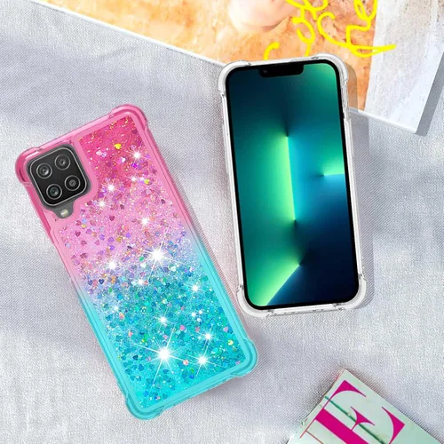 Miniatura 7 de Funda para Galaxy A12 con protector de pantalla de vidrio templado, con purpurina flotante líquida y brillante para mujeres y niñas, silicona TPU