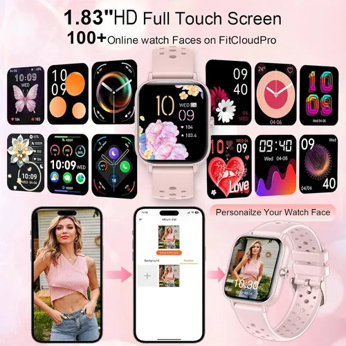 Miniatura 5 de Reloj inteligente para mujeres y hombres (respuesta/hacer llamadas) 1.83 pulgadas HD 3 bandas reloj inteligente compatible con teléfonos Android Rosa