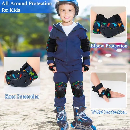 Miniatura 2 de FIODAY Rodilleras para niños, rodilleras de dinosaurio, coderas, muñequeras con bolsa de cordón ajustable, juego de equipo de protección 7 en 1
