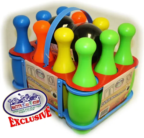 Miniatura 2 de Matty's Toy Stop 10 Pin Multi-Color Juego de bolos de plástico de lujo para los niños con el estante de almacenamiento, 12 Piezas Total