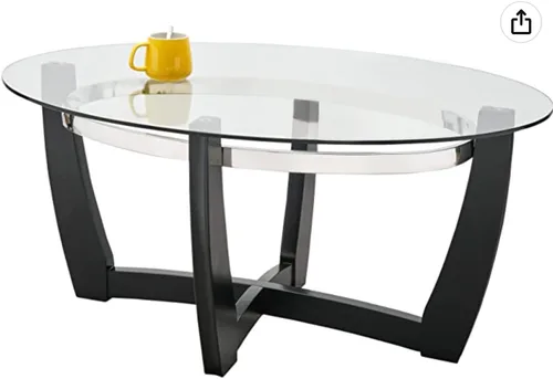 KFZ1331 - Mesa auxiliar de cristal con base de madera maciza para sala de estar, mesa central ovalada, resistente y moderna, 43.3 pulgadas de largo