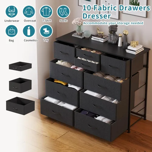 Miniatura 4 de LUMTOK Cómoda de 10 cajones, cómoda de almacenamiento de tela para dormitorio, pasillo, guardería, armarios, marco de acero, parte superior de 10
