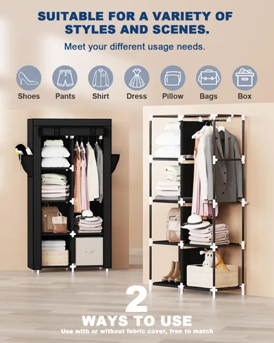 Miniatura 6 de Mavivegue Armario portátil, Armario de ropa, Armario portátil para colgar ropa, para dormitorio y sala de estar, Negro, 2 filas, 34" de ancho x 18