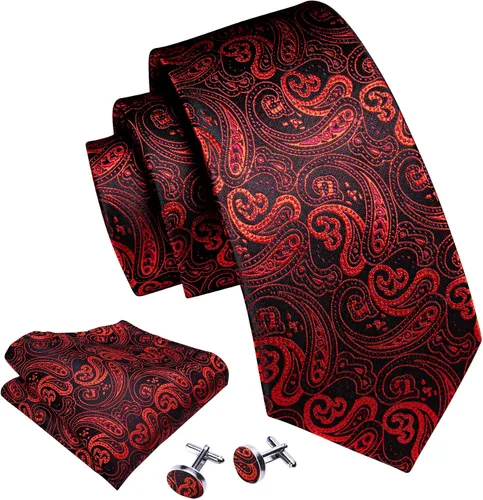 Miniatura 201 de Barry.Wang - Juego de corbata de seda para hombre, diseño de cachemira, pañuelo y gemelos de bolsillo