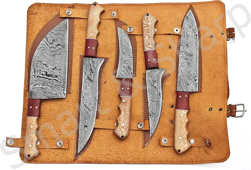 Miniatura 8 de Juego de cuchillos de chef de Damasco hechos a mano personalizados/cuchillos de cocina Juego de 5 piezas SS-17211 (madera de color naranja y negro)