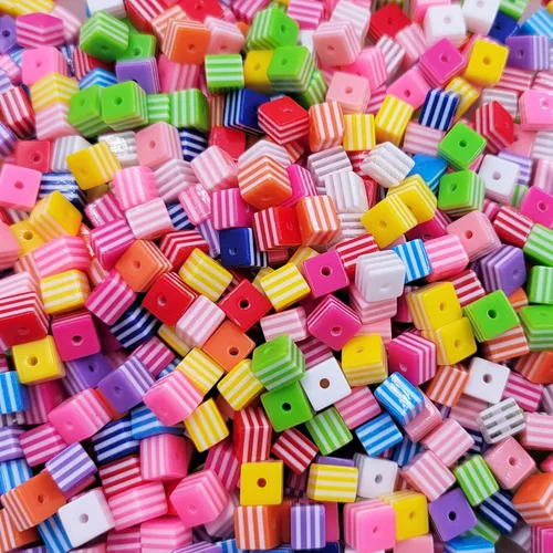 Miniatura 3 de 200 cuentas de rayas de resina de 0.315 pulgadas (0.315 in), colores mezclados, cuadrado, arco iris, para hacer joyas, cubo de plástico, espaciador