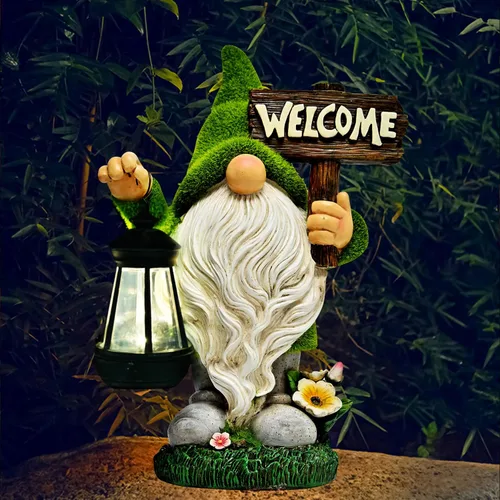 Miniatura 9 de ASAWASA Decoraciones de gnomos para patio con luz LED solar, gran decoración divertida para exteriores para jardín, césped, gnomo (alto 10 pulgadas)