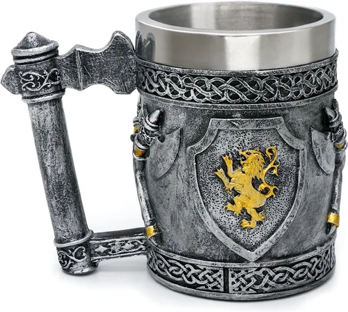 Miniatura 8 de Taza medieval con hachas vikingas, regalos para hombres, escudos de león de oro inglés, jarras de cerveza, jarra de café inoxidable, arte