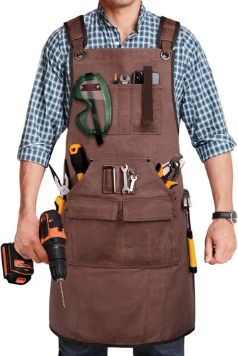Delantal de carpintería para hombres, delantal de trabajo de lona de 20 onzas con 9 bolsillos para herramientas, delantal de trabajo de madera Marrón