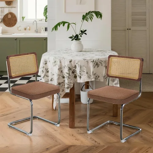 Miniatura 16 de Juego de 4 sillas de comedor de terciopelo tejidas a mano con respaldo de ratán y base cromada, silla de cocina de mediados de siglo, para comedor