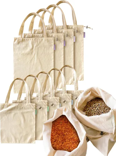 purifyou Juego de 9 mini bolsas de lona de algodón orgánico reutilizables con cordón para comprar comestibles, productos secos, artículos esenciales