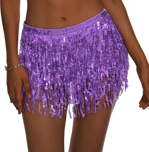 Belly Dance Skirt Fringe Skirt Sequins Tassel Hip Scarf Rave Party Dance Performance Costume for Women and Girls